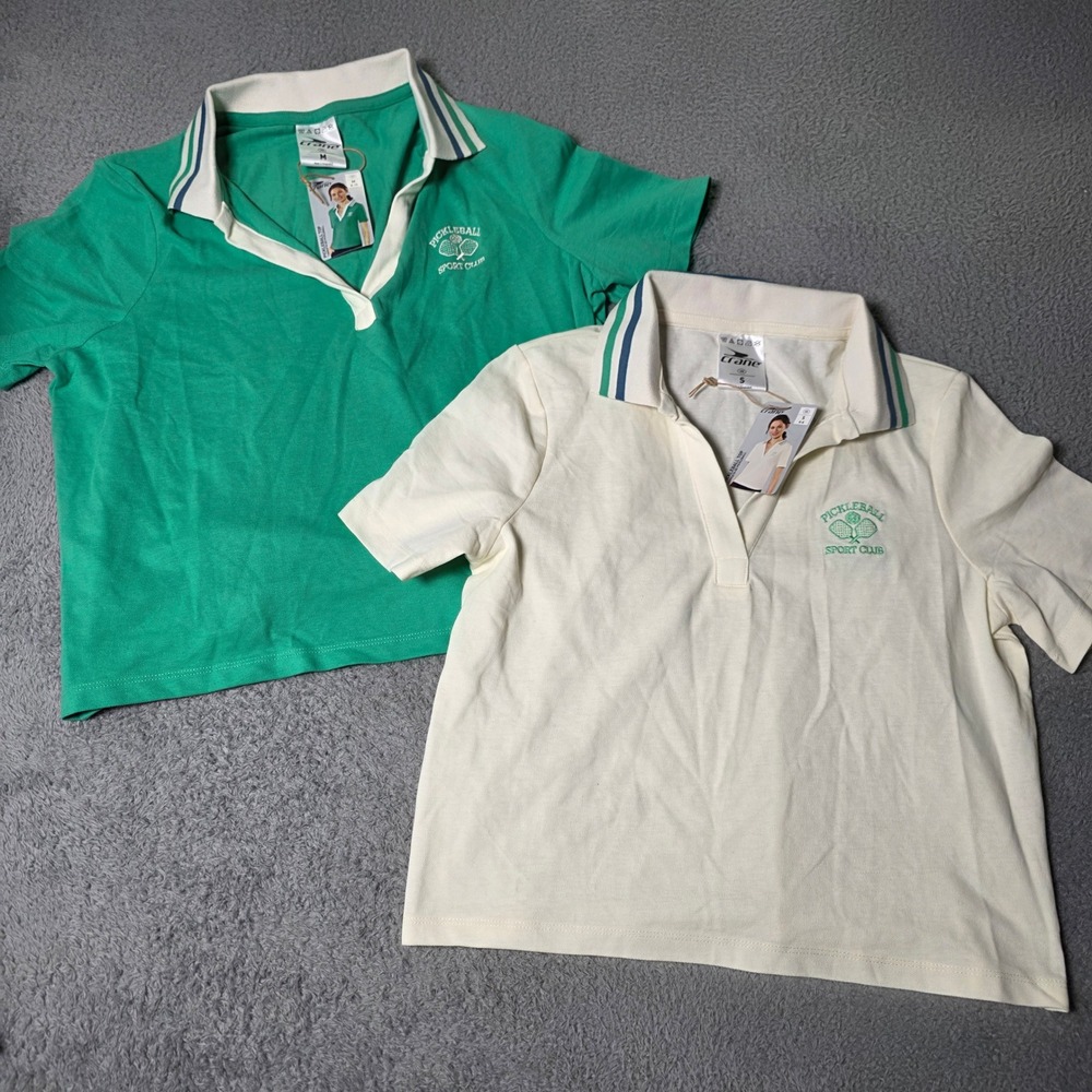 Crane Womens S M Pickleball Sport Club Polo Top Green Cream 2 Pack NWT